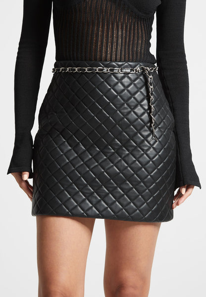Black Vegan Leather Quilted Mini Skirt with Chain Detail – Stylish Day to Night Wear 1