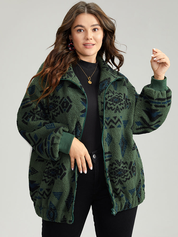 Geometric Zipper Jacket with Gathered Design and Pockets – Stylish Casual Outerwear for All Seasons 0