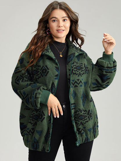Geometric Zipper Jacket with Gathered Design and Pockets – Stylish Casual Outerwear for All Seasons 0