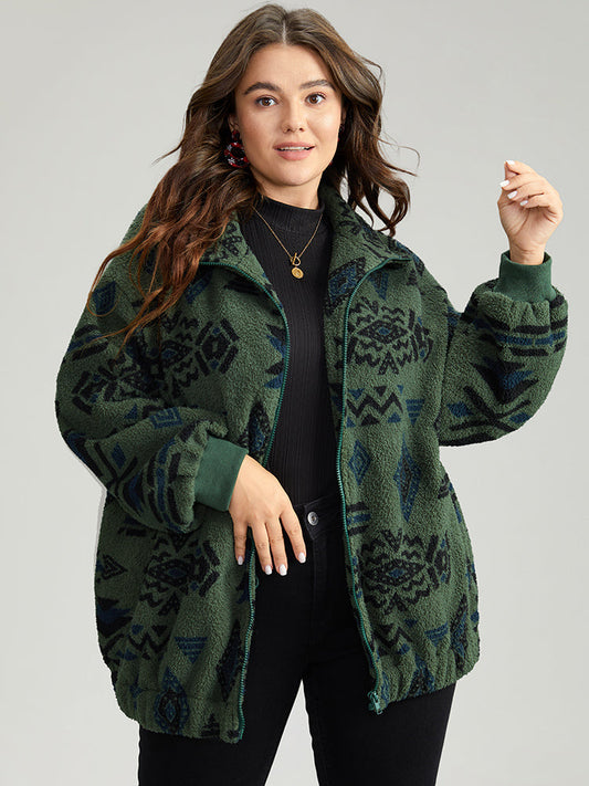 Geometric Zipper Jacket with Gathered Design and Pockets – Stylish Casual Outerwear for All Seasons 0