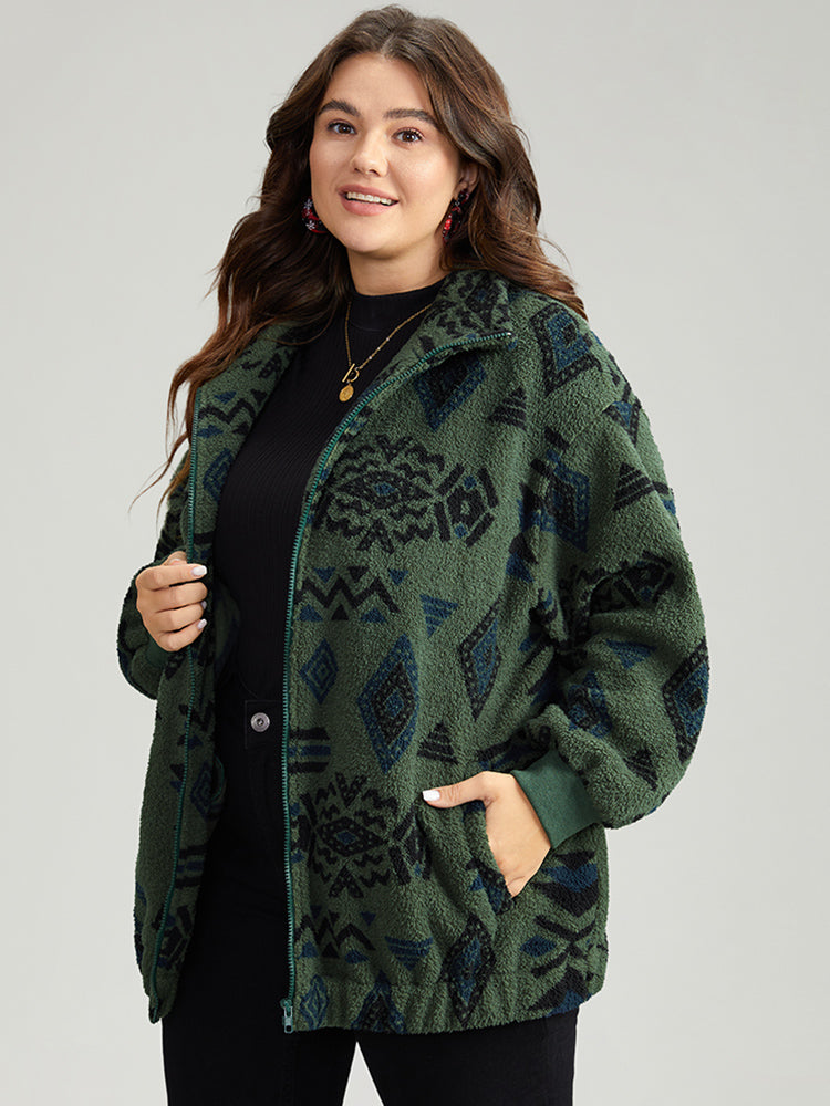 Geometric Zipper Jacket with Gathered Design and Pockets – Stylish Casual Outerwear for All Seasons 1