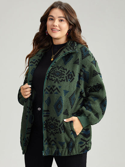 Geometric Zipper Jacket with Gathered Design and Pockets – Stylish Casual Outerwear for All Seasons 1