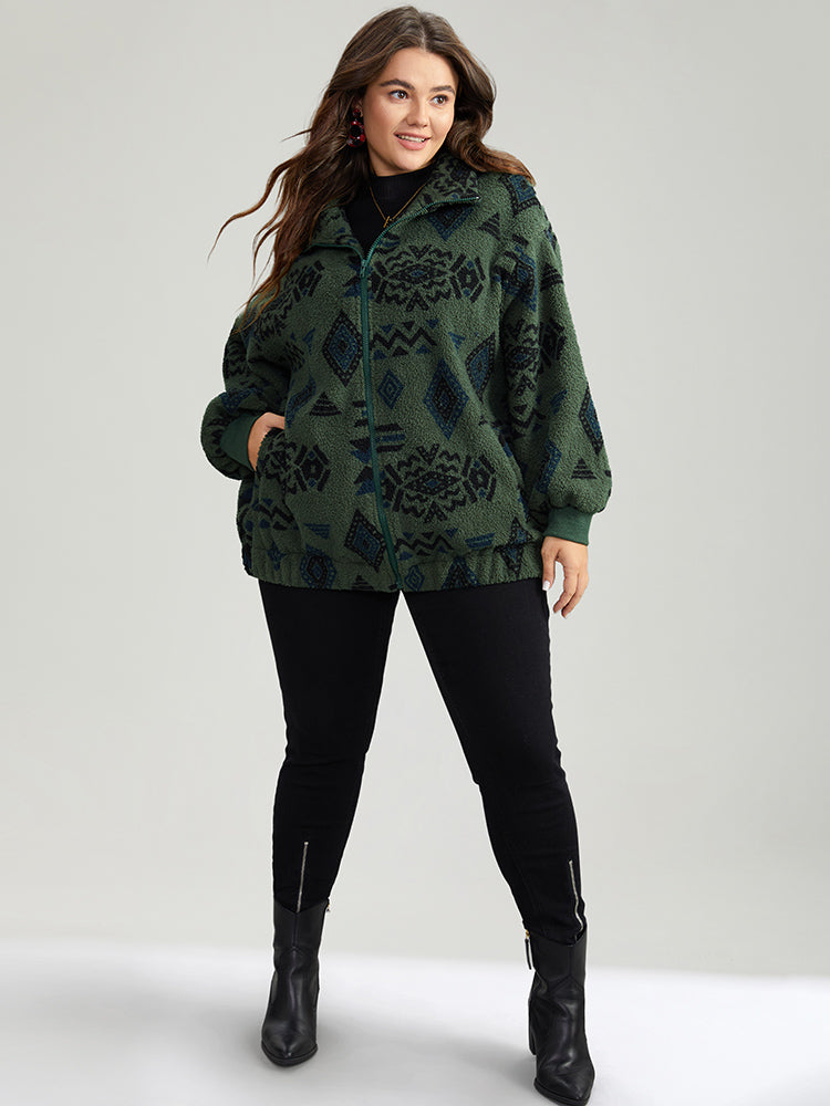 Geometric Zipper Jacket with Gathered Design and Pockets – Stylish Casual Outerwear for All Seasons 2