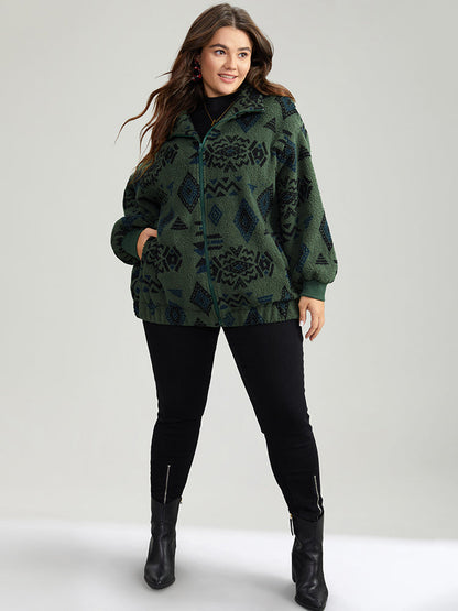 Geometric Zipper Jacket with Gathered Design and Pockets – Stylish Casual Outerwear for All Seasons 2