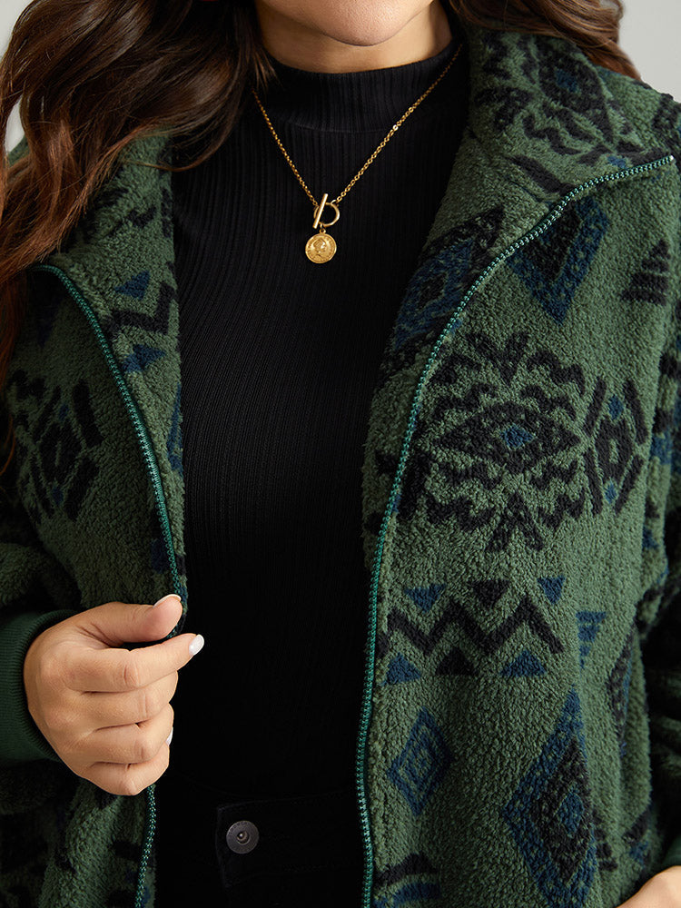 Geometric Zipper Jacket with Gathered Design and Pockets – Stylish Casual Outerwear for All Seasons 4