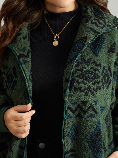 Geometric Zipper Jacket with Gathered Design and Pockets – Stylish Casual Outerwear for All Seasons 4