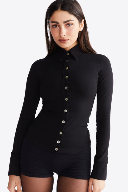 Men's Dress Shirt, Tailored Black Button-Down with French Cuffs and Mother of Pearl Buttons, Premium Cotton Blend 2