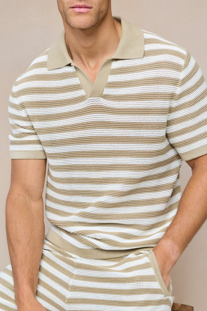 Mens Striped Knit Polo Shirt in Ecru Beige – Soft Cotton Casual Wear with Open Collar 1