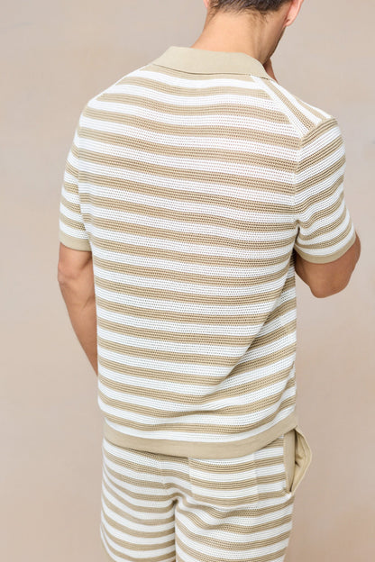 Mens Striped Knit Polo Shirt in Ecru Beige – Soft Cotton Casual Wear with Open Collar 4