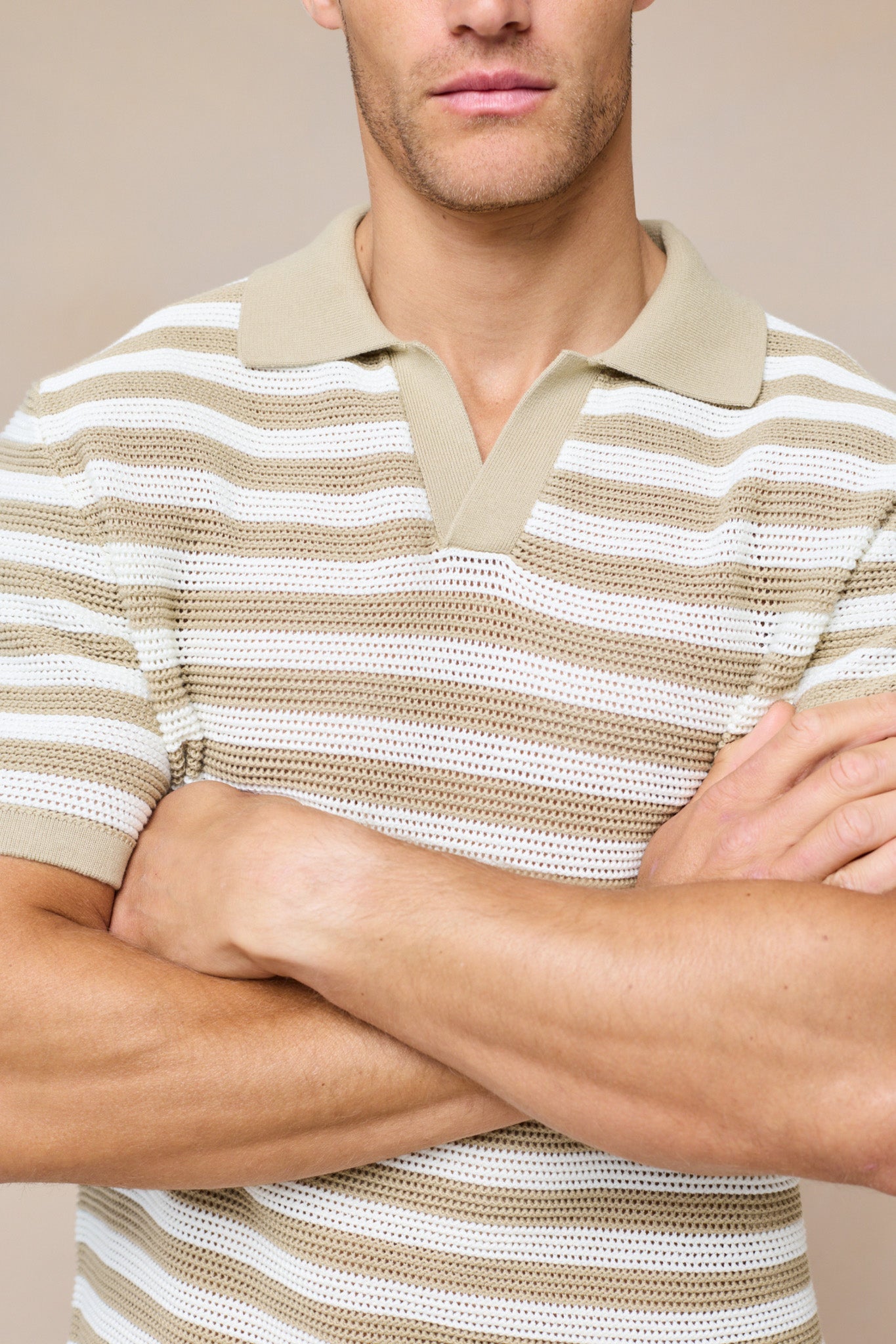 Mens Striped Knit Polo Shirt in Ecru Beige – Soft Cotton Casual Wear with Open Collar 5