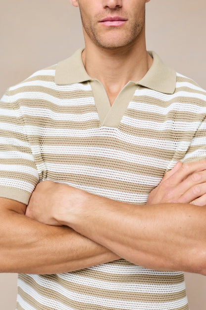 Mens Striped Knit Polo Shirt in Ecru Beige – Soft Cotton Casual Wear with Open Collar 5