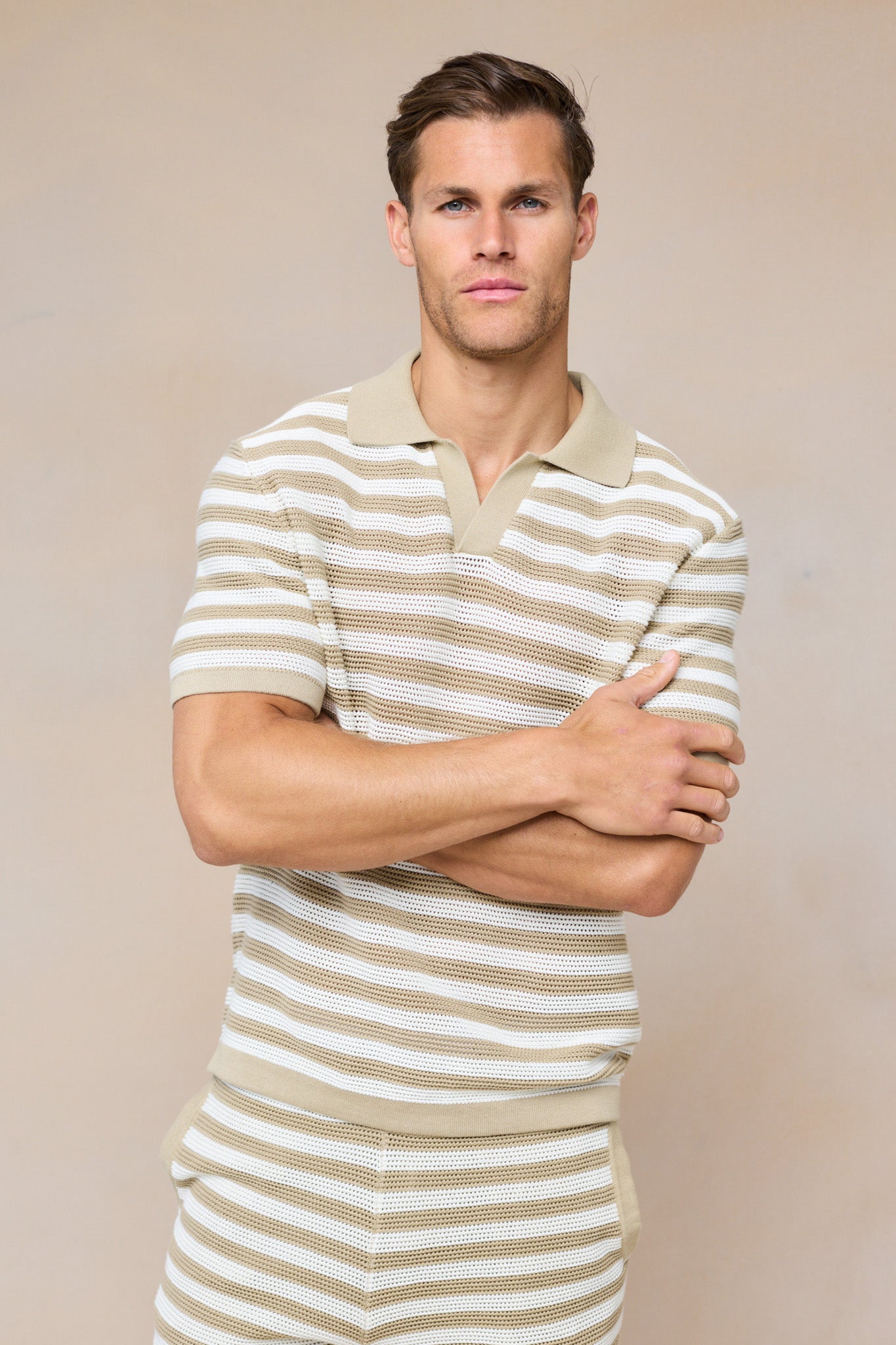 Mens Striped Knit Polo Shirt in Ecru Beige – Soft Cotton Casual Wear with Open Collar 6